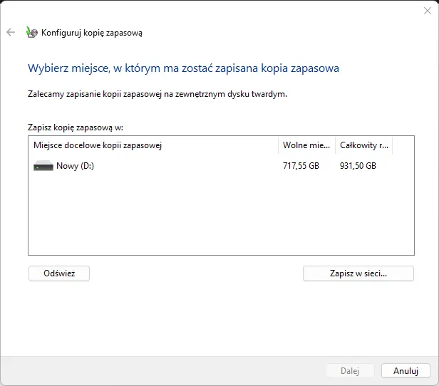 Wybór dysku do utworzenia kopii